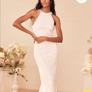 Tell Me Everything White Beaded Sequin Halter Maxi Dress